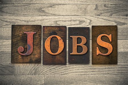 simsearch:400-08152413,k - The word "JOBS" theme written in vintage, ink stained, wooden letterpress type on a wood grained background. Foto de stock - Super Valor sin royalties y Suscripción, Código: 400-08152407