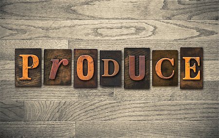 simsearch:400-08152413,k - The word "PRODUCE" theme written in vintage, ink stained, wooden letterpress type on a wood grained background. Foto de stock - Super Valor sin royalties y Suscripción, Código: 400-08152417
