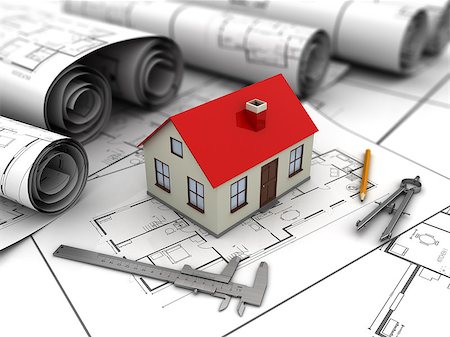 3d illustration of small house blueprints and drawing tools Stock Photo - Budget Royalty-Free & Subscription, Code: 400-08152455