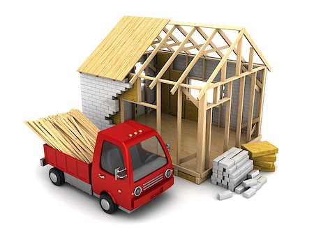 pickup truck materials - 3d illustration of frame house construction and truck with planks Photographie de stock - Aubaine LD & Abonnement, Code: 400-08153460