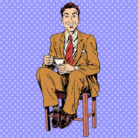 simsearch:400-08196064,k - Man drinking tea sitting on the stool. Man he sits smiling childishly, putting his feet on the step Stock Photo - Budget Royalty-Free & Subscription, Code: 400-08164015