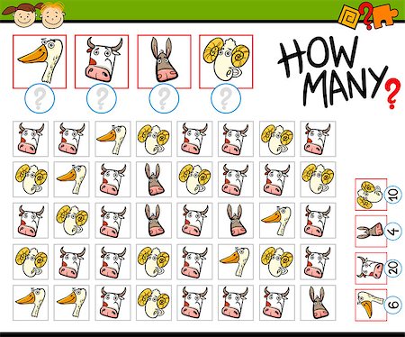 Cartoon Illustration of Kindergarten Education Counting Game for Preschool Children with Farm Animals Stock Photo - Budget Royalty-Free & Subscription, Code: 400-08164100