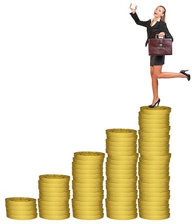 simsearch:400-08161703,k - Businesslady with suitcase and mug standing on gold coins stack. Isolated white background Photographie de stock - Aubaine LD & Abonnement, Code: 400-08164180
