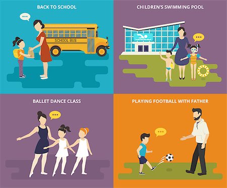Happy parents are teaching their children. Concept flat icons set of going to school, visiting a swimming pool, dancing ballet and playing football Stock Photo - Budget Royalty-Free & Subscription, Code: 400-08164215