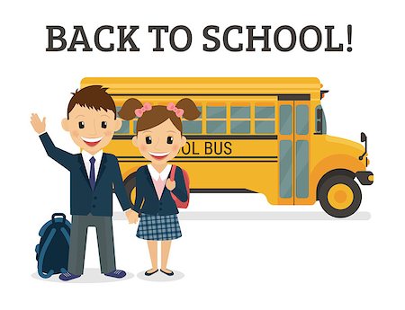 Back to school illustration of two happy pupils wearing uniform and bus behind them Stock Photo - Budget Royalty-Free & Subscription, Code: 400-08164212