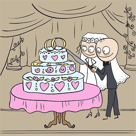 simsearch:400-04741437,k - Bride and groom cut wedding cake. Cartoon illustration in vector format Stock Photo - Budget Royalty-Free & Subscription, Code: 400-08164403