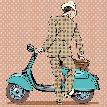 A man gets a scooter. Vintage retro transport road trip Stock Photo - Budget Royalty-Free & Subscription, Code: 400-08164537