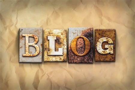 simsearch:400-08166276,k - The word "BLOG" written in rusty metal letterpress type on a crumbled aged paper background. Stock Photo - Budget Royalty-Free & Subscription, Code: 400-08164775