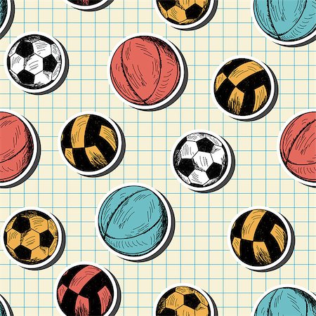 Seamless pattern with hand drawn different sport balls on checkered copybook background Stock Photo - Budget Royalty-Free & Subscription, Code: 400-08164939