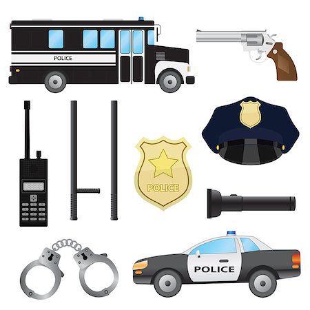 simsearch:400-08157148,k - Set of police objects. Car and bus, handcuffs and baton, radio and gun. Also available as a Vector in Adobe illustrator EPS 8 format, compressed in a zip file. Stock Photo - Budget Royalty-Free & Subscription, Code: 400-08164947