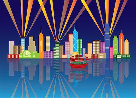 Hong Kong City Night Skyline with Laser Light Rays Panorama Color on Blue Background Illustration Stock Photo - Budget Royalty-Free & Subscription, Code: 400-08165144