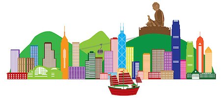Hong Kong City Skyline and Big Buddha Statue Panorama Color Isolated on White Background Illustration Stock Photo - Budget Royalty-Free & Subscription, Code: 400-08165143