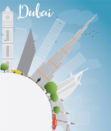 dubai building illustration - Dubai City skyline with grey skyscrapers, blue sky and copy space. Vector illustration Stock Photo - Budget Royalty-Free & Subscription, Code: 400-08165215