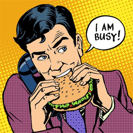 phone pop art - Lunch fast food man eating a Burger and talking on the phone. The theme of the workload at work Stock Photo - Budget Royalty-Free & Subscription, Code: 400-08165397