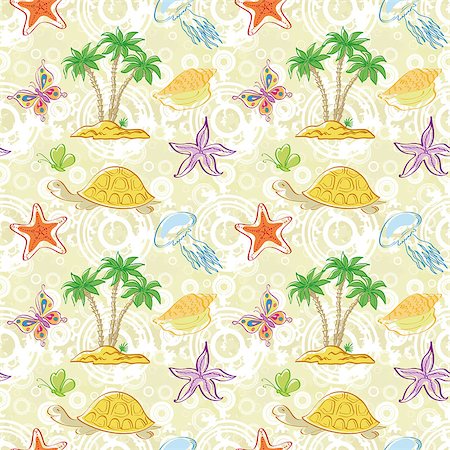 simsearch:400-04393429,k - Seamless tropical background, Sea Island with palm trees, butterflies, shells, jellyfish, turtles and starfish. Vector Stockbilder - Microstock & Abonnement, Bildnummer: 400-08165585