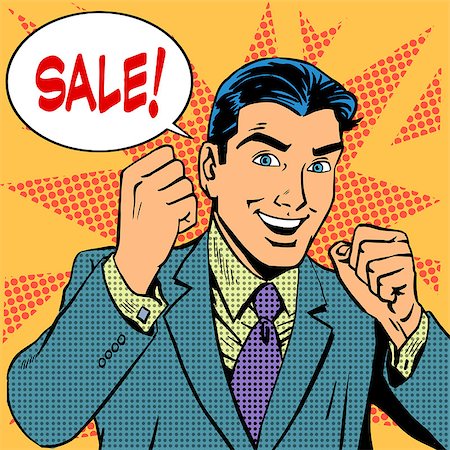 Male businessman sale sales discount store shopping. Retro style pop art Stock Photo - Budget Royalty-Free & Subscription, Code: 400-08165707