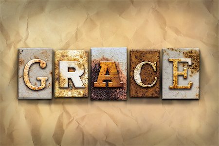 The word "GRACE" written in rusty metal letterpress type on a crumbled aged paper background. Stock Photo - Budget Royalty-Free & Subscription, Code: 400-08165958