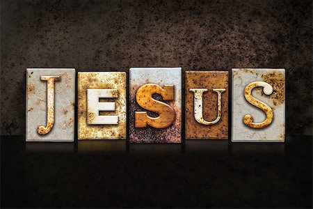 The name "JESUS" written in rusty metal letterpress type on a dark textured grunge background. Stock Photo - Budget Royalty-Free & Subscription, Code: 400-08165975
