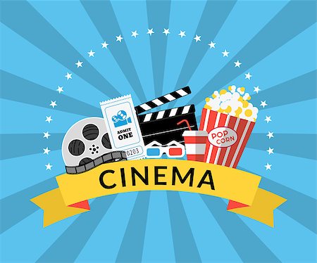 Flat illustration of cinema industry symbols such as Pop corn, 3d glasses, ticket, film Photographie de stock - Aubaine LD & Abonnement, Code: 400-08166042