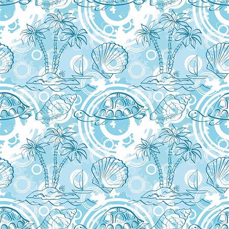 Seamless white and blue pattern. Sea island with palm trees, boat, turtles, shells, contours. Vector Stock Photo - Budget Royalty-Free & Subscription, Code: 400-08166228