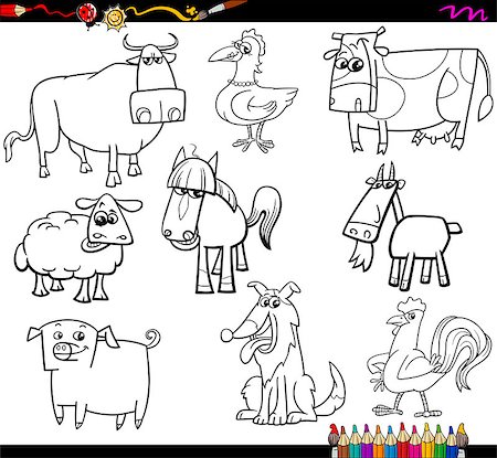 Coloring Book Cartoon Illustration Set of Farm Animals Characters Stock Photo - Budget Royalty-Free & Subscription, Code: 400-08166554