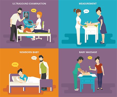 Family healthcare collection. Family concept flat icons set of ultrasound examination, birth, measurement of growth and weight, and doing baby massage Stock Photo - Budget Royalty-Free & Subscription, Code: 400-08166693