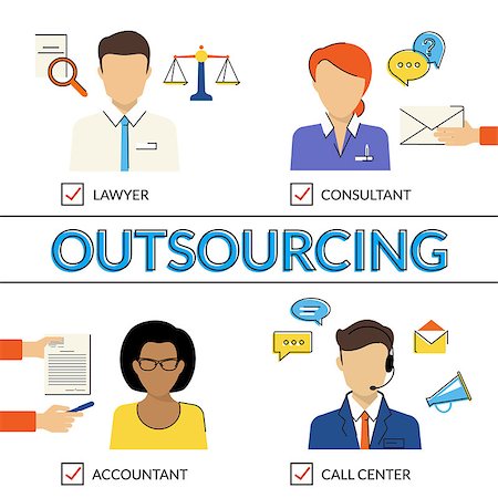 simsearch:400-06556700,k - Four flat contour illustrations of types of outsoursing for business start-up. Lawer, consultant, accountant, call center operator Foto de stock - Super Valor sin royalties y Suscripción, Código: 400-08166715
