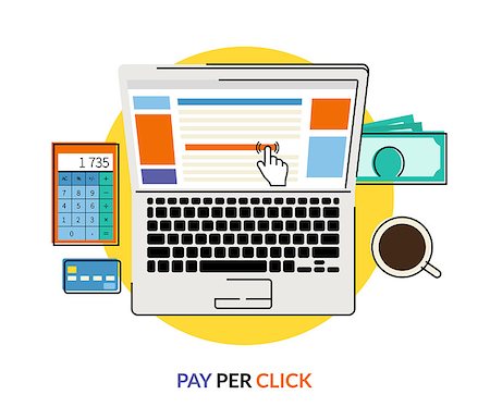 simsearch:400-06430339,k - Pay per click. Flat contour conceptual illustration of laptop with internet advertising on website, calculator and money Foto de stock - Royalty-Free Super Valor e Assinatura, Número: 400-08166717