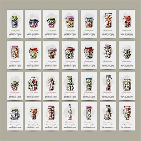 sketch nutrition cartoon - Set of cards, pickle jars with fruits and vegetables, sketch for your design. Vector illustration Stock Photo - Budget Royalty-Free & Subscription, Code: 400-08166772
