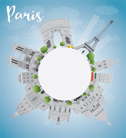 simsearch:400-09172683,k - Paris skyline with grey landmarks, blue sky and copy space. Vector illustration Foto de stock - Super Valor sin royalties y Suscripción, Código: 400-08166788