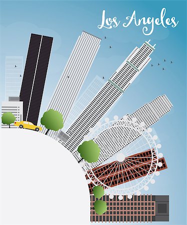 Los Angeles Skyline with Grey Buildings, Blue Sky and copy space. Vector Illustration Foto de stock - Super Valor sin royalties y Suscripción, Código: 400-08166780