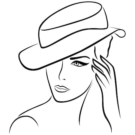 Elegant young girl in a hat, hand drawing black vector outline Stock Photo - Budget Royalty-Free & Subscription, Code: 400-08166847