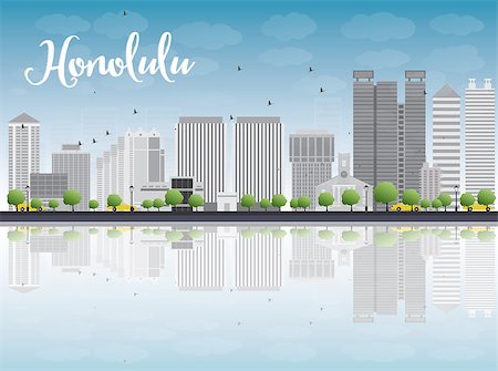 sky to paint cartoon - Honolulu Hawaii skyline with grey buildings and blue sky. Vector illustration Stock Photo - Budget Royalty-Free & Subscription, Code: 400-08167035