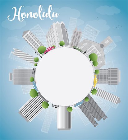 sky to paint cartoon - Honolulu Hawaii skyline with grey buildings, blue sky and copy space. Vector illustration Stock Photo - Budget Royalty-Free & Subscription, Code: 400-08167033