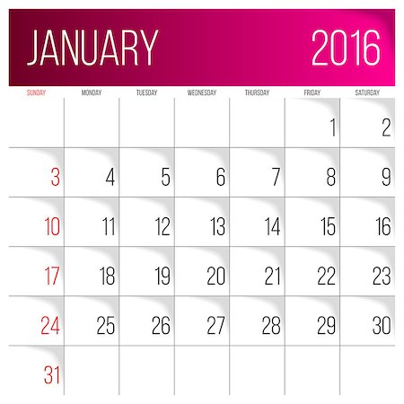 simsearch:400-08194861,k - Calendar 2016 vector design template. January. Week Starts on Sunday. Foto de stock - Royalty-Free Super Valor e Assinatura, Número: 400-08167048
