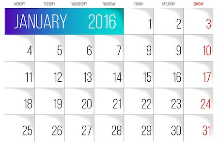 simsearch:400-08262900,k - Calendar 2016 vector design template. January. Week Starts on Monday. Fotografie stock - Microstock e Abbonamento, Codice: 400-08167049