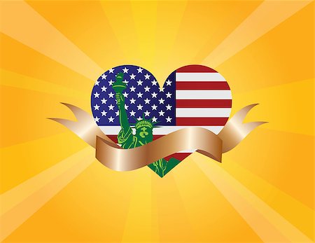statue of liberty on the flag - Fourth of July USA Flag and Statue of Liberty in Heart Shape Outline and Scoll Ribbon on Sunburst Backgroung Illustration Photographie de stock - Aubaine LD & Abonnement, Code: 400-08160135
