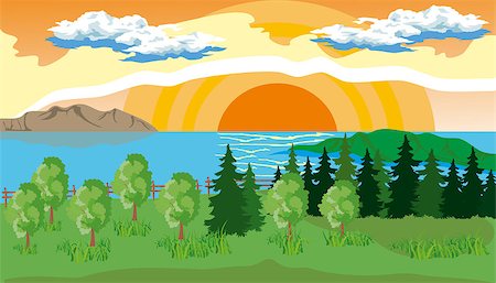 simsearch:400-07570603,k - Landscape with pine, fir, grass on the shore of a lake under a blue cloudy sky with sun. Stock Photo - Budget Royalty-Free & Subscription, Code: 400-08160324