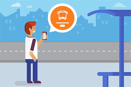 Young man staying on the bus stop and using mobile app for traffic tracking Stock Photo - Budget Royalty-Free & Subscription, Code: 400-08160376