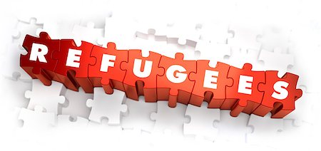 Refugees - White Word on Red Puzzles on White Background. 3D Render. Foto de stock - Super Valor sin royalties y Suscripción, Código: 400-08160604