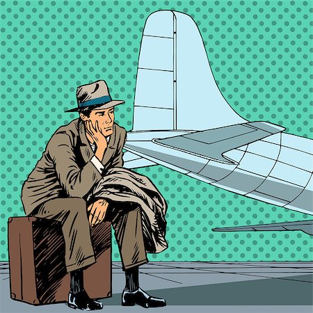Male passenger waiting for a flight at the airport travel trip Halftone style art pop retro. Male passenger waiting for a flight at the airport travel trip. A man in a cloak sitting on a suitcase on the front of the plane. Imitation of old illustrations Foto de stock - Super Valor sin royalties y Suscripción, Código: 400-08160687