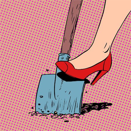 shovel in dirt - A woman works in a garden shovel digging farmer housewife shoes Halftone style art pop retro vintage. Leg elegantly dressed woman in a beautiful red shoes and close-up shovel in the ground. The theme of labor business and farming Stock Photo - Budget Royalty-Free & Subscription, Code: 400-08160701
