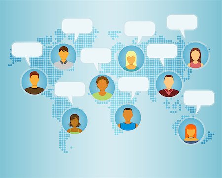 Set of People Icons on Earth Map Background with Speech Bubbles. Communication and People Connection Concept. Flat Style Modern Design. Vector Illustration Stockbilder - Microstock & Abonnement, Bildnummer: 400-08160716