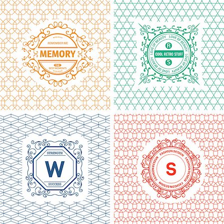 simsearch:400-08189933,k - Vector set of line graphic design templates.  Logo, label, badge, emblem on decorative backgrounds with simple patterns Fotografie stock - Microstock e Abbonamento, Codice: 400-08161100