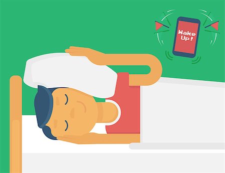 Lazy guy sleeping when the alarm rings. Flat illustration Stock Photo - Budget Royalty-Free & Subscription, Code: 400-08161252