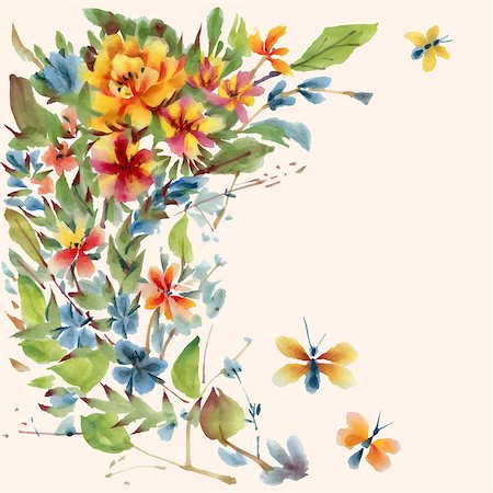 simsearch:400-07680595,k - Watercolor  flowers and butterflies, isolated on a white background. Vector illustration. Foto de stock - Royalty-Free Super Valor e Assinatura, Número: 400-08161446