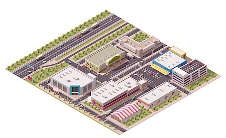 simsearch:400-09142236,k - Vector isometric shopping district with shops and parking lots Stock Photo - Budget Royalty-Free & Subscription, Code: 400-08161645