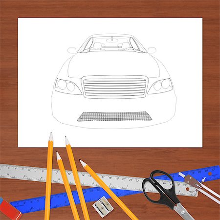 simsearch:400-08158930,k - Graphic car model and office stuff on white paper, front view Stock Photo - Budget Royalty-Free & Subscription, Code: 400-08161660