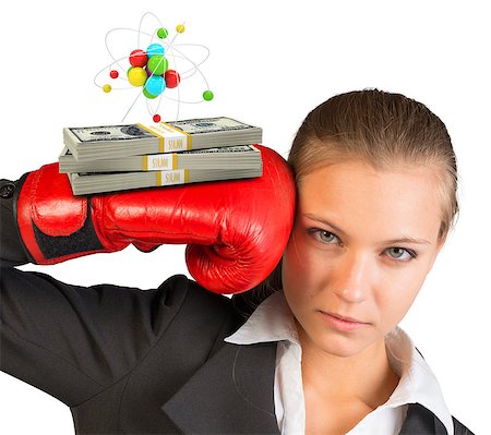 simsearch:400-08161703,k - Businesswoman in red boxing gloves with atom structure looking at camera on isolated white background Photographie de stock - Aubaine LD & Abonnement, Code: 400-08161704