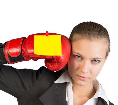 simsearch:400-08161703,k - Businesswoman in boxing gloves with sticker looking at camera on isolated white background Photographie de stock - Aubaine LD & Abonnement, Code: 400-08161700